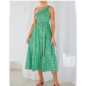 ZESICA One-Shoulder Green Floral Midi Dress Smocked Bodice & Flowy Tiered Skirt